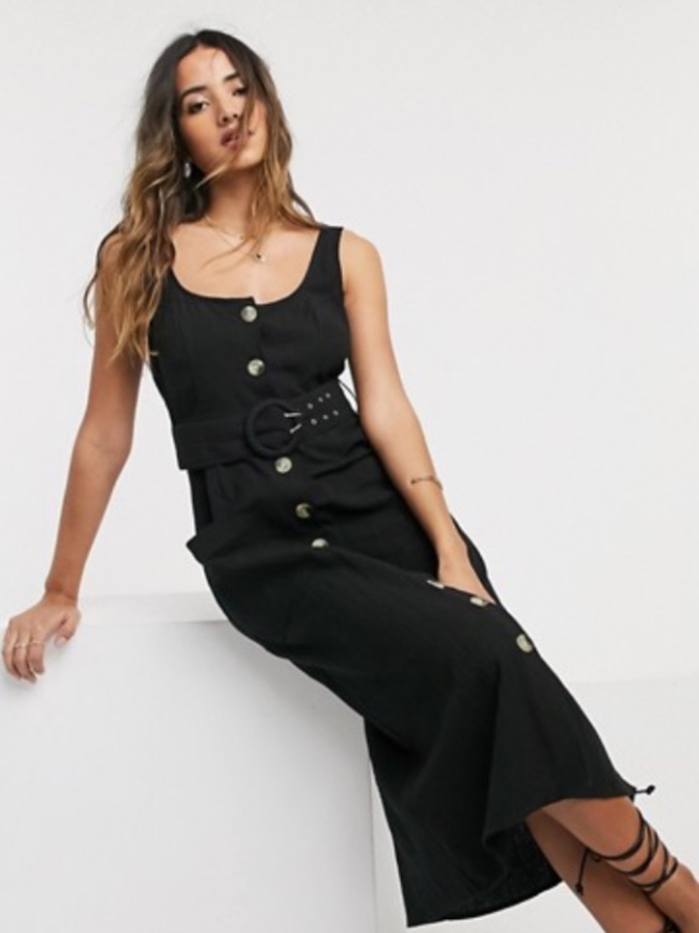 ASOS Black Button-Front Dress with Grommet Belt